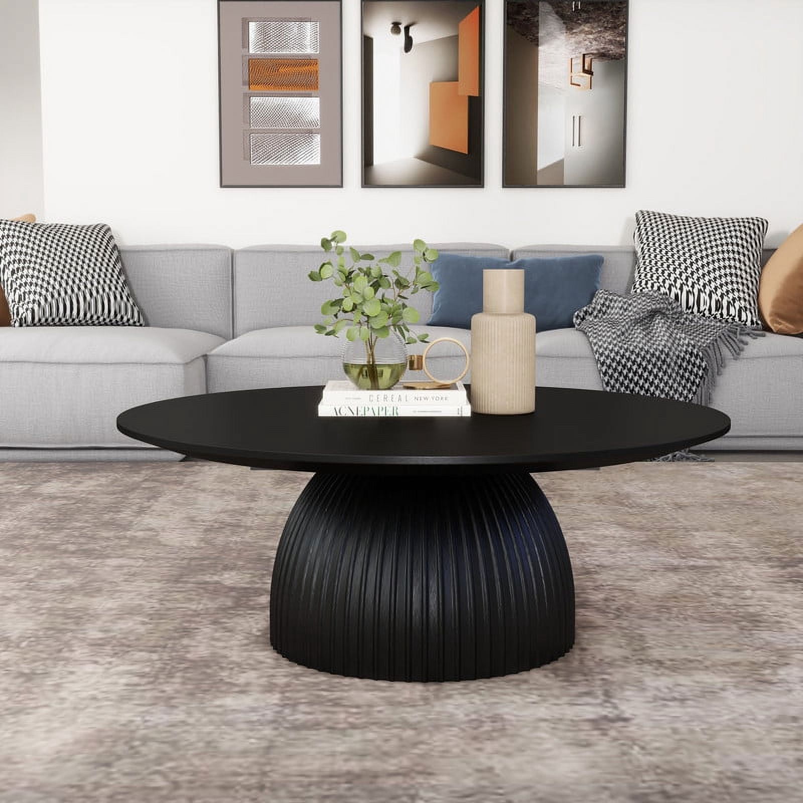 SHYFOY Round Solid Wood Coffee Table Black Pedestal Center Table for Living Room Furniture