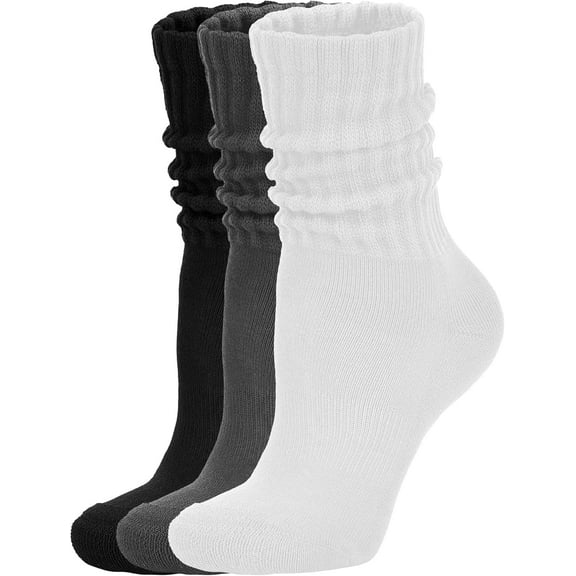 Women's Scrunch Crew Socks Retro 3-Pack Solid Cotton Boot Calf Socks Chunky Ribbed Cozy Slouchy Socks Size 5-11,White/Black/Dark Grey