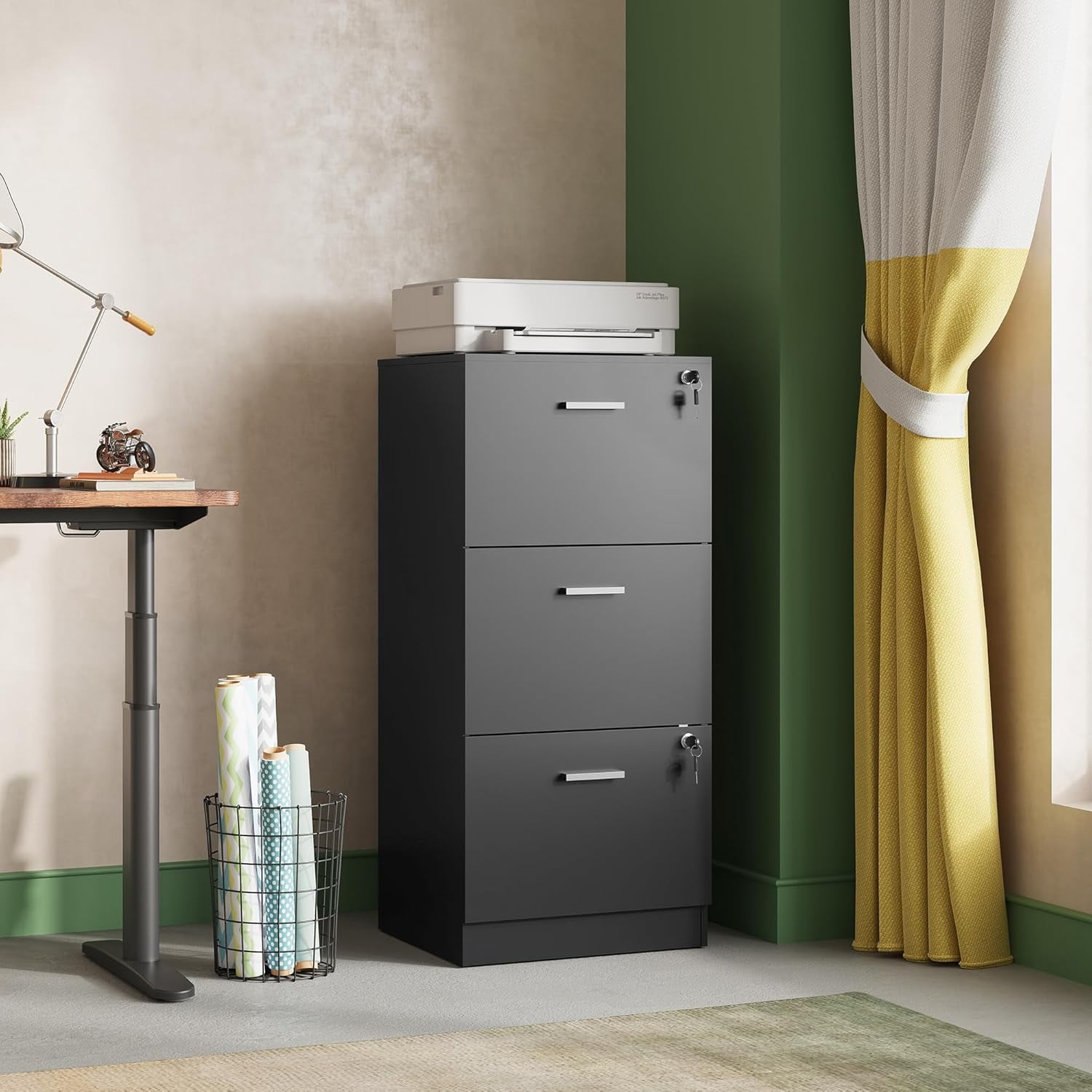 3 Drawer File Cabinet with Lock, Vertical Wood Filing Cabinet for Home Office, Printer Stand for Letter and A4 Size, Black