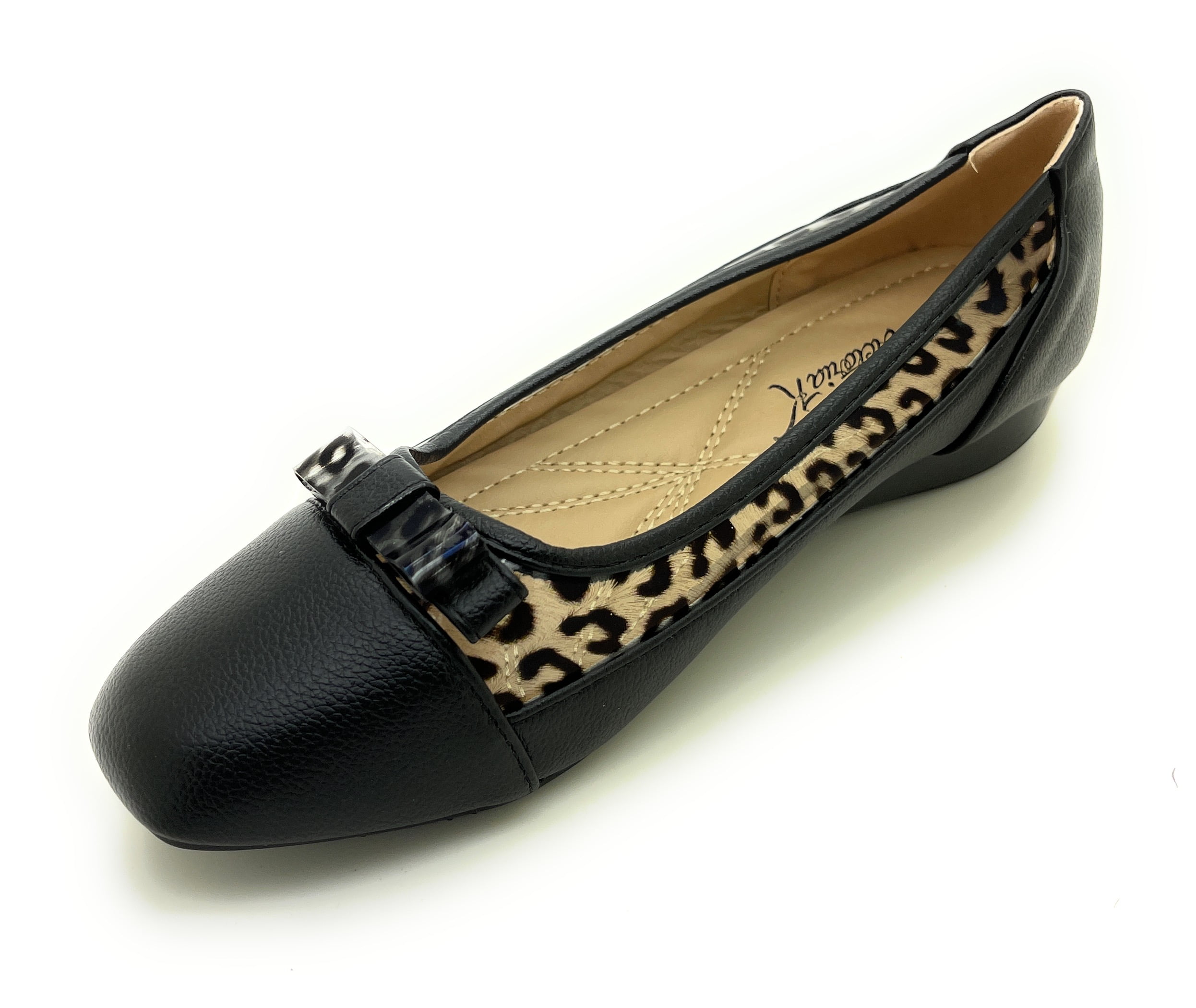 Women’s Ballerina Flats with Leopard Print Trim and Bow – Low Wedge Slip-On Dress Flats with Cushioned Insole – Comfortable Casual Everyday Shoes for Work or Evening Wear