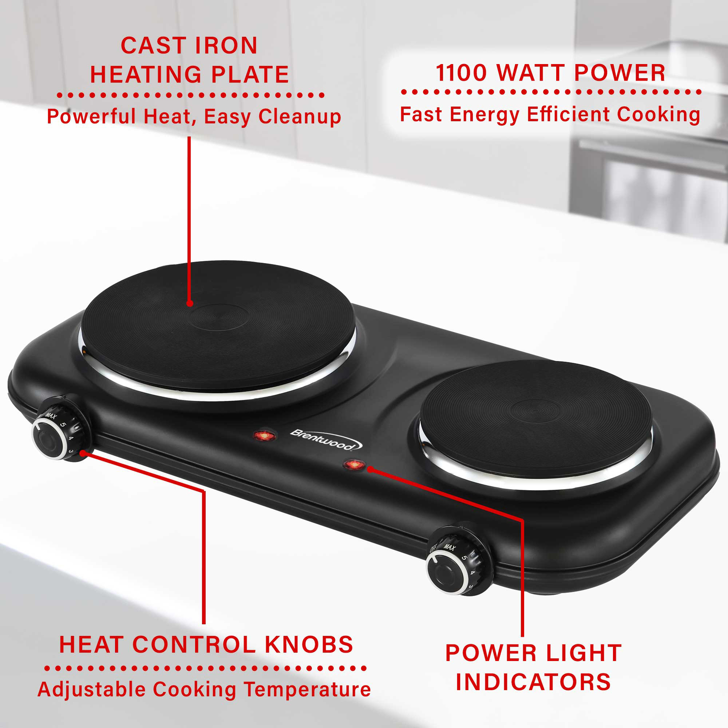 Brentwood Double-Cast-Iron 1,100-Watt Countertop Electric Burner Hot Plate with Temperature Control and Power Indicator Light, Black, TS-332BK
