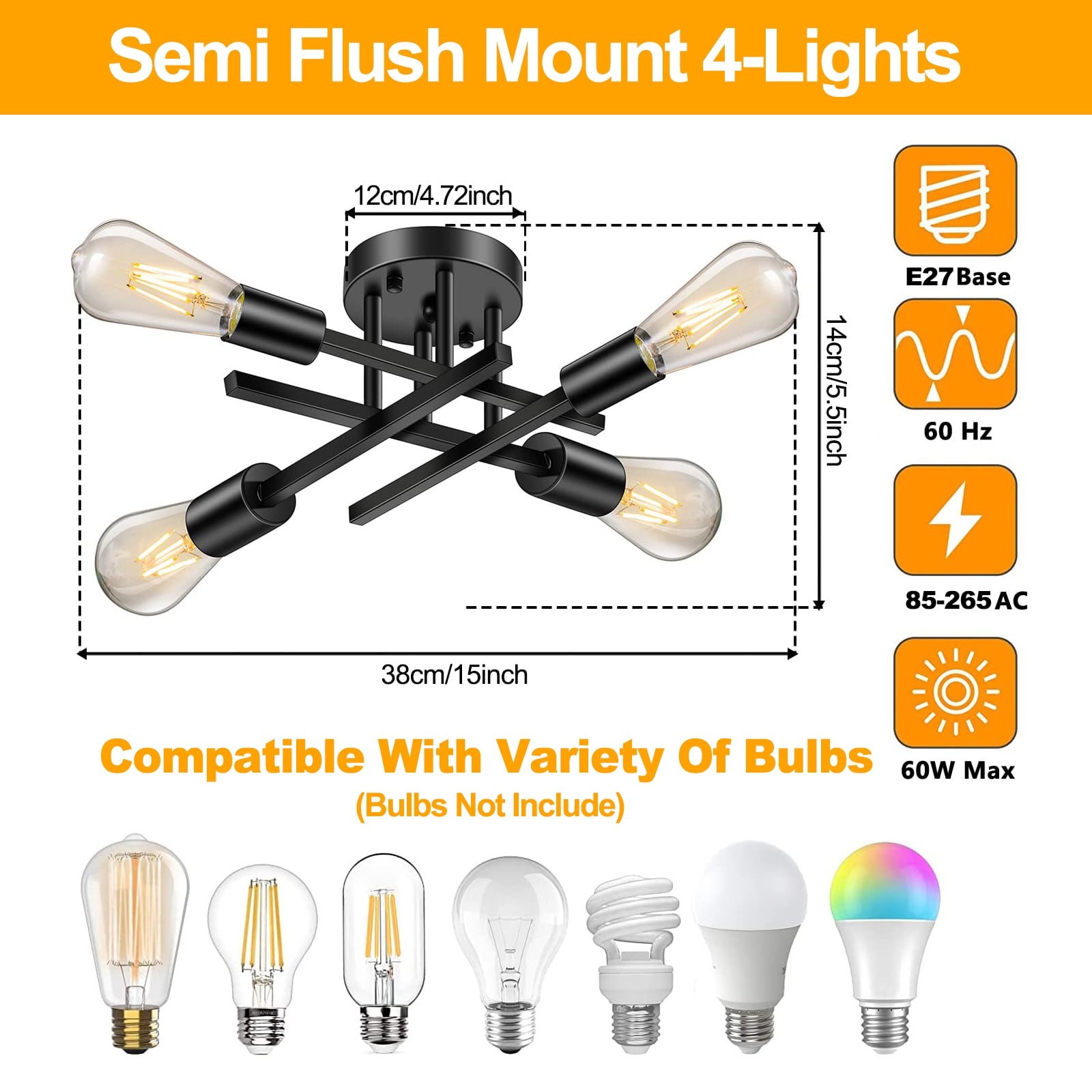 DONGPAI Flush Mount Ceiling Light 4 Light Matte Black with E27 Base Modern Chandelier for Farmhouse Kitchen Dining Room Bedroom (With Bulbs)