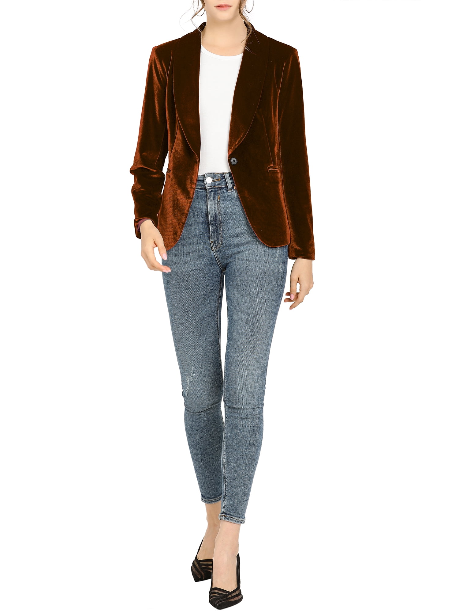 DARING DIVA Women's Velvet Office Coat Solid Shawl Collar Blazer XS Brown