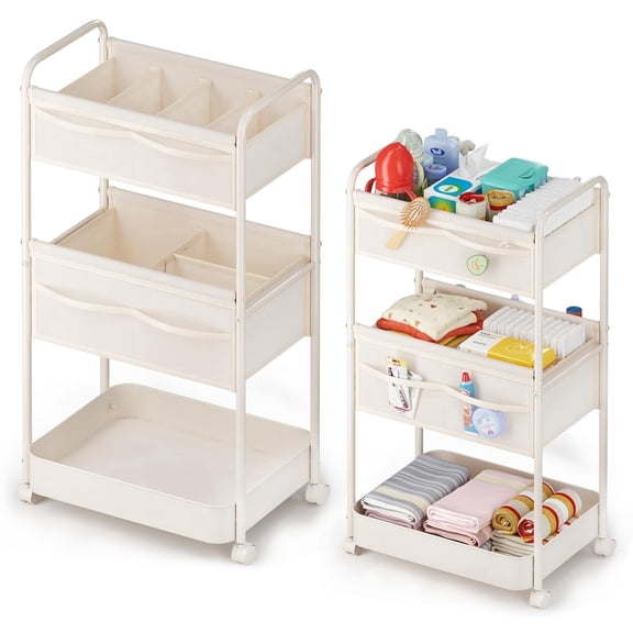 Baby Diaper Caddy Organizer and Storage - 3 Tier Rolling Cart with Dividers and Drawers, Easy To Assemble, Mobile Utility Cart with Wheels for Nursery, Bedroom, Changing Table & Crib”