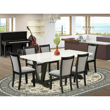 East West Furniture V-Style 7 Pieces Wood Dining Set in Black/White/Shitake Gray