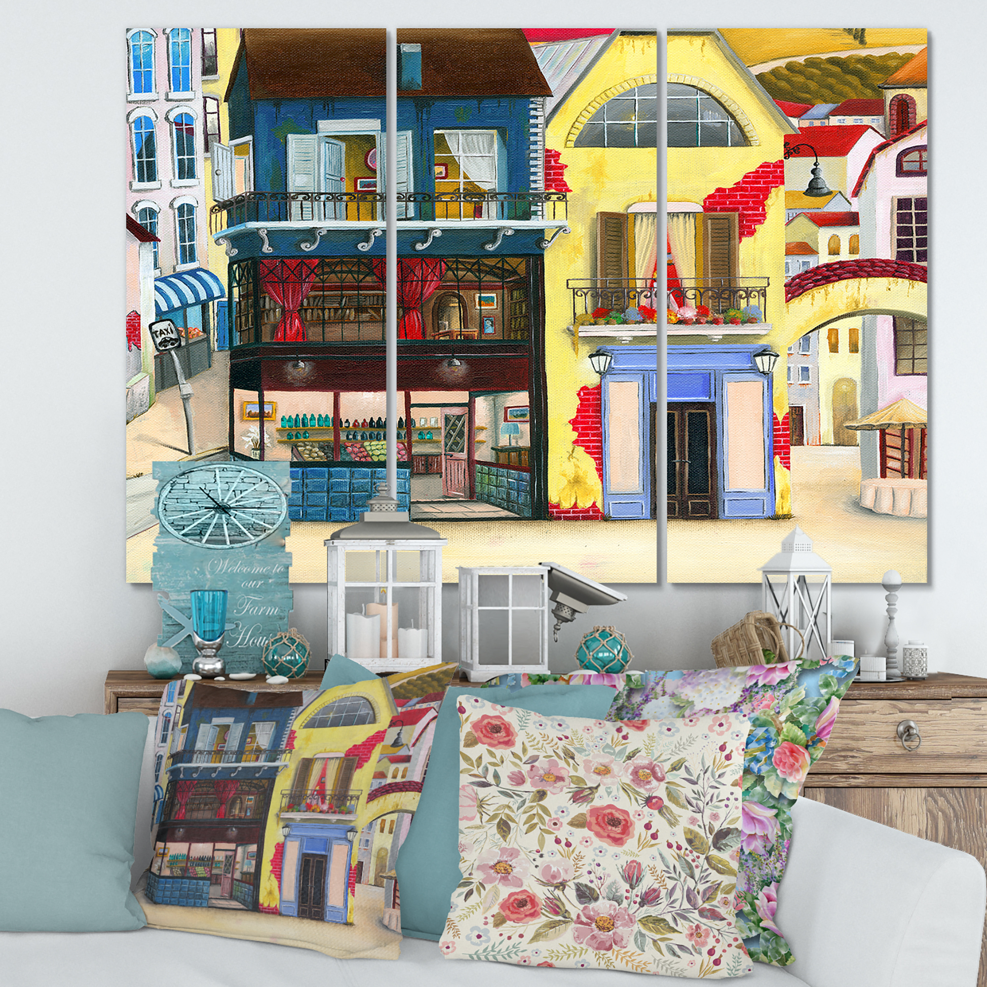 Designart ' The Colorful Facade of The Buildings In A Cozy Streets ' French Country Canvas Wall Art Print