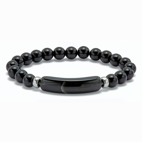 Genuine Black Agate Beaded Silvertone Stretch Bracelet 7-inch