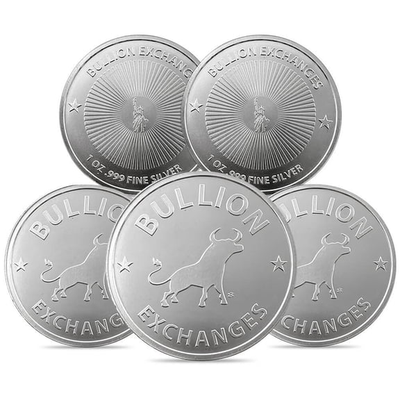 Lot of 5 - 1 oz Bullion Exchanges Silver Round .999 Fine