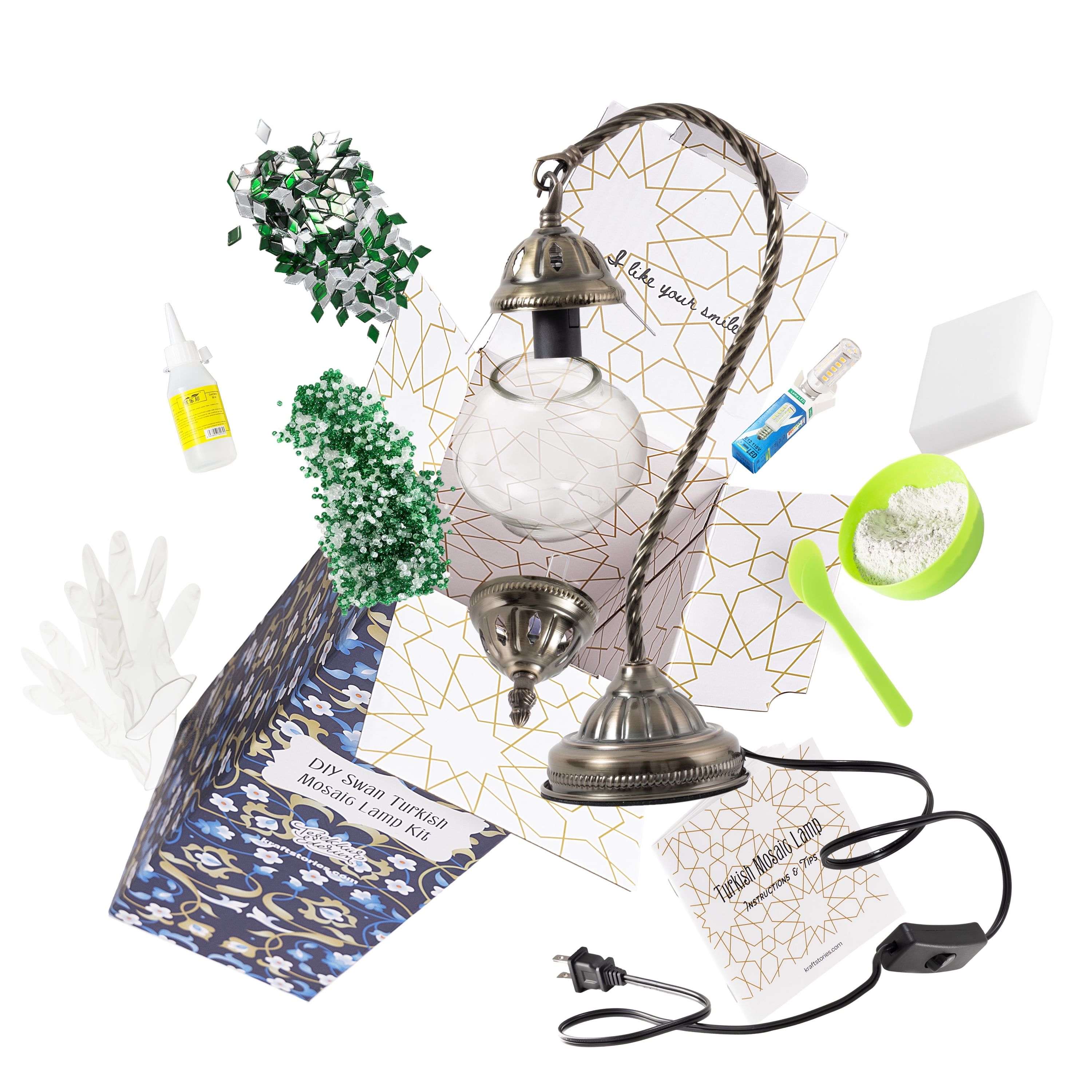 KRAFTSTORIES Turkish Mosaic Swan Neck Lamp Making Kit| DIY Colorful Glass Decorative Nightstand Table Light| Craft Kit |Make Your Own Lamp | Living Room Bedroom | Antique Bronze Base (Green)
