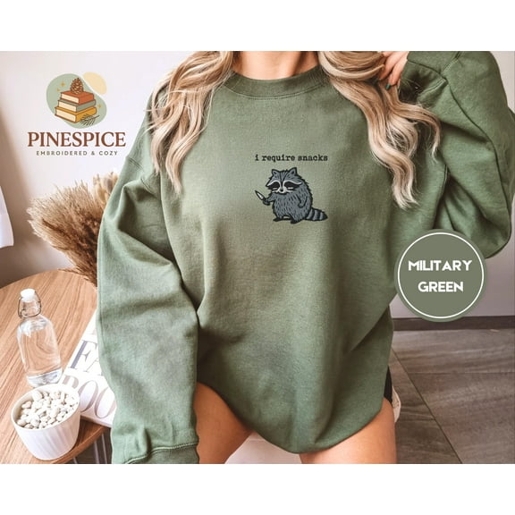 I require snacks sweatshirt, feral embroidered raccoon sweater, funny cozy gildan 18000, funny unhinged gift, embroidered animal sweatshirt