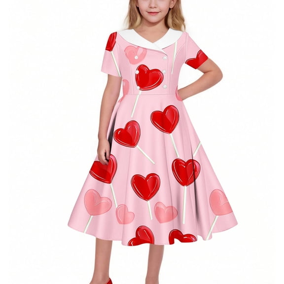 BRGZLK Girl Dresses Hepburn Style Valentine Day Print Short Sleeve Turn Down Collar Dress Trendy Comfy Dance Skirt Coffee 9-10 Years