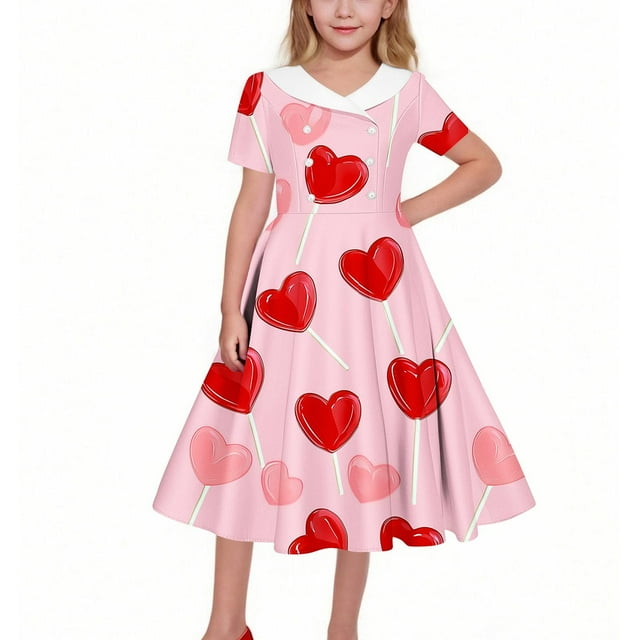 Vestido de manga corta con cuello vuelto para niñas Vestido elástico de manga corta para niñas Vestido skater con volantes de corte A Vestido de recital escolar Vestido de manga corta con cuello vuelt
