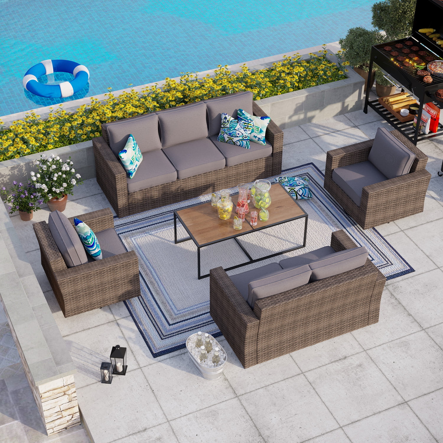 romatlink Patio Sectional Furniture 4 Piece Outdoor Conversation Weather Wicker Sofa Set with Storage Table Beige-4pc 