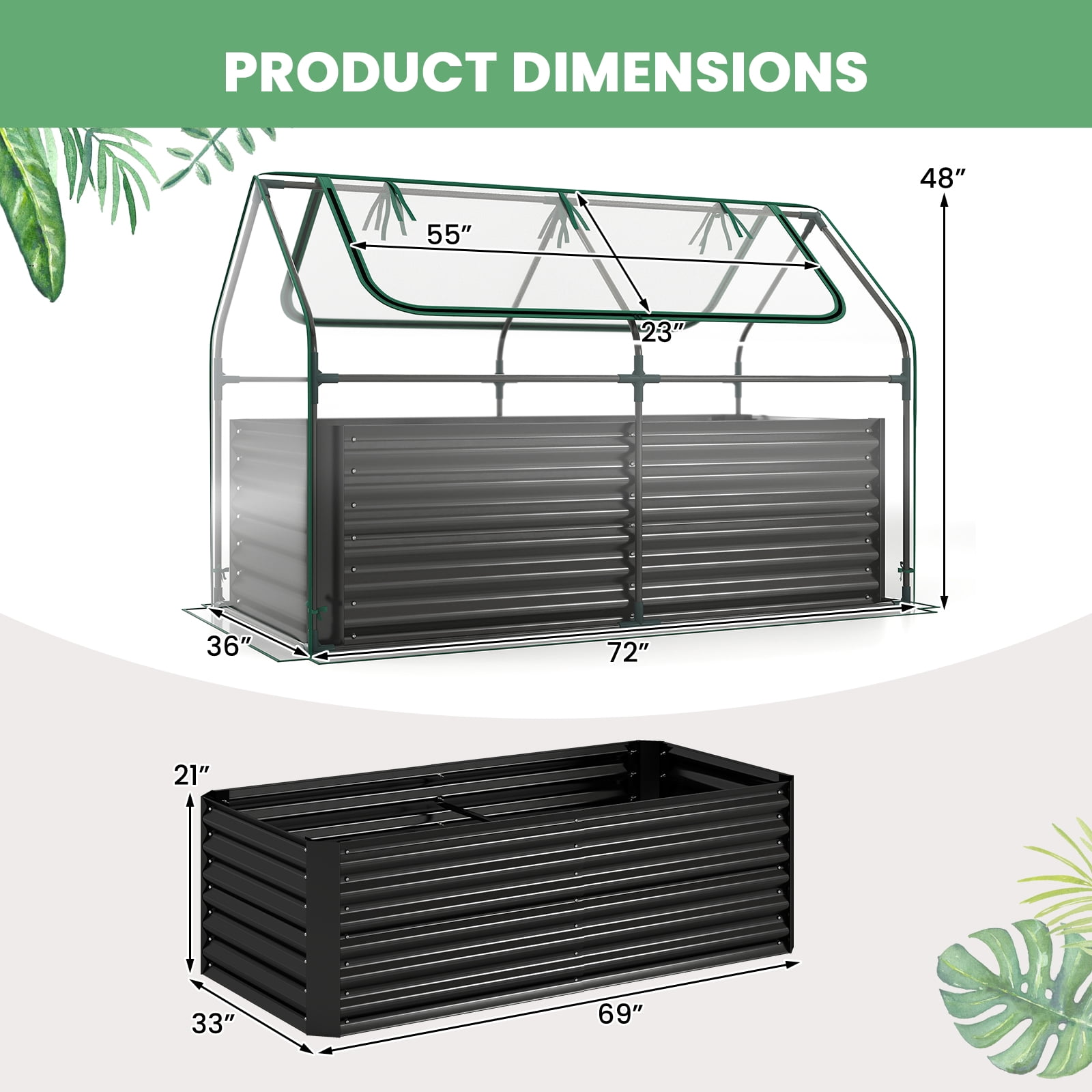 Gymax Raised Garden Bed w/ Cover 68'' x 33'' x 21'' Planter Box w/ Mini Greenhouse Black & Clear