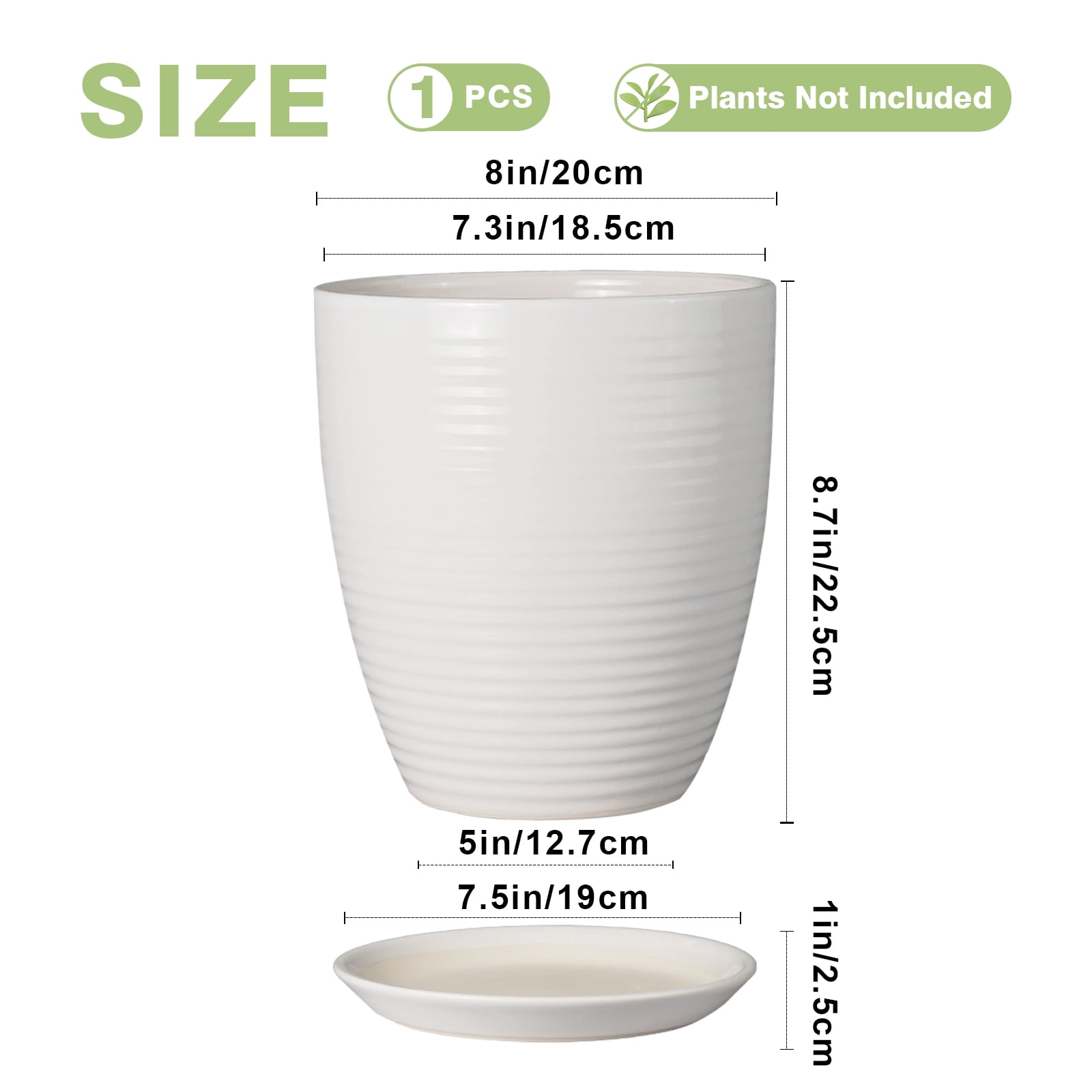 8 inch Ceramic Planter - Round Modern Flower Pots with Drainage Hole & Saucer for Women & Mom on Mother's Day, for Orchids & Flowers, Matte White