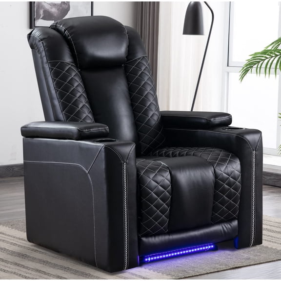 Ebello 35" Wide Power Recliner Chair, Breathable Faux Leather Home Theater Reclining Chair with LED Strip, Armrest Storage & USB Ports, Black