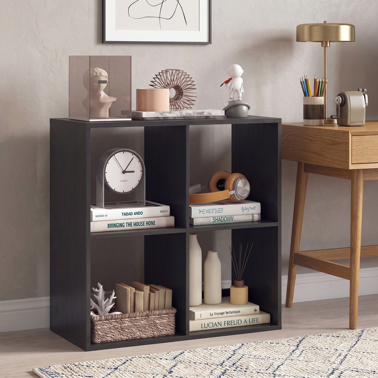 Furnibear 4 Cube Bookshelf, Wood Cube Storage Organizer Bookcase with Back Guardrail and Anti-Tip Kit for Living Room Bedroom Home Office, Black