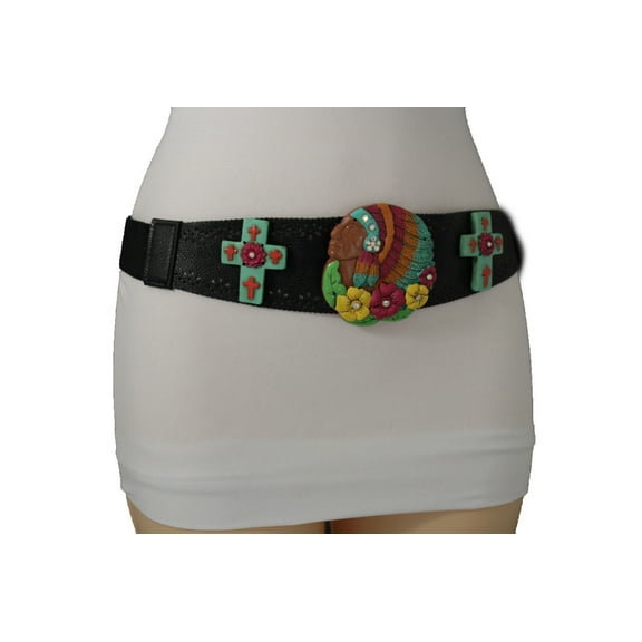 Women Stretch Waist Black Western Fashion Belt Turquoise Flower Cross Indian S M