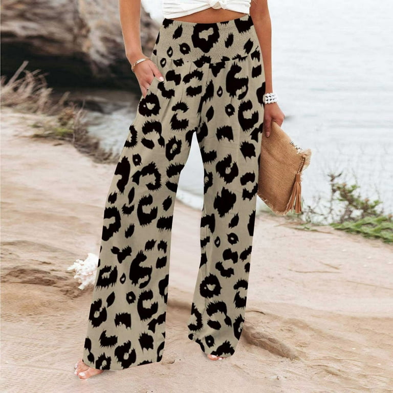 fartey Women's Wide Leg Pants Elastic High Waist Zebra Print Relaxed  Trousers Lounge Pleated Pockets Beach Vacation Athletic Pants