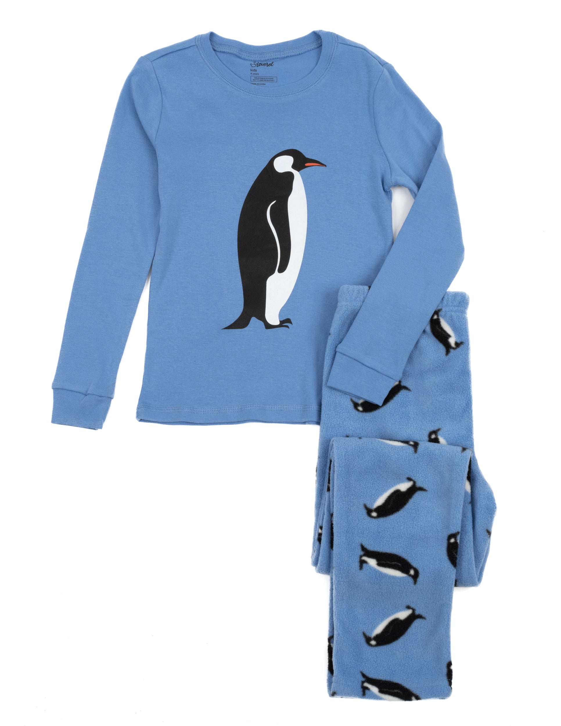 Leveret Kids Cotton Top Fleece Pants Pajamas Penguin 4 Years