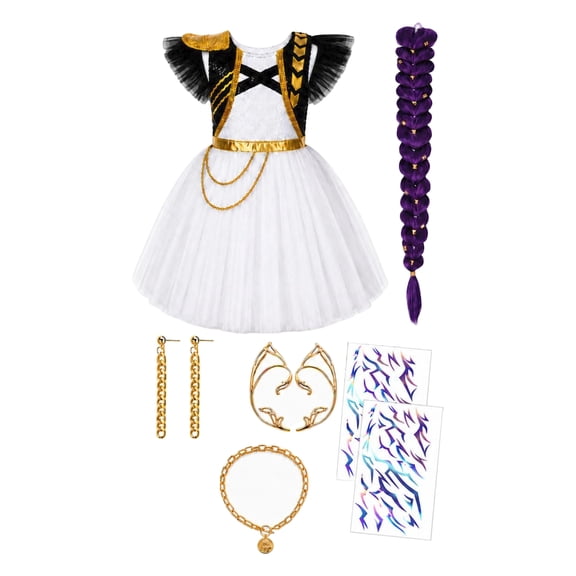 Pop Idol Hunter Singer Cosplay Dress Gold Trim Tutu Costume 10-Piece Set with Purple Ponytail Wig for Halloween Stage Performance, 150