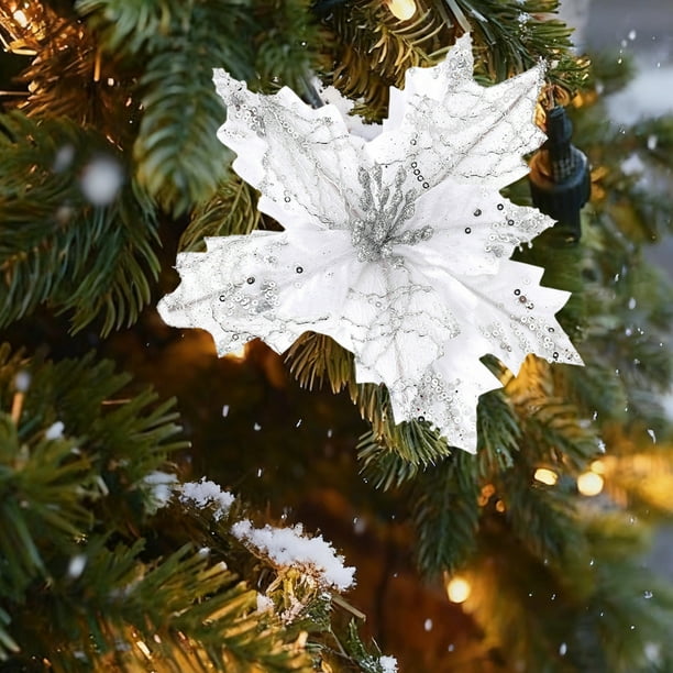 Festive Glittered Poinsettia Ornament Set, Christmas Tree Decorations, Holiday Floral Arrangements, Party & Home Decor Accessories for Seasonal Celebrations and Festive Events