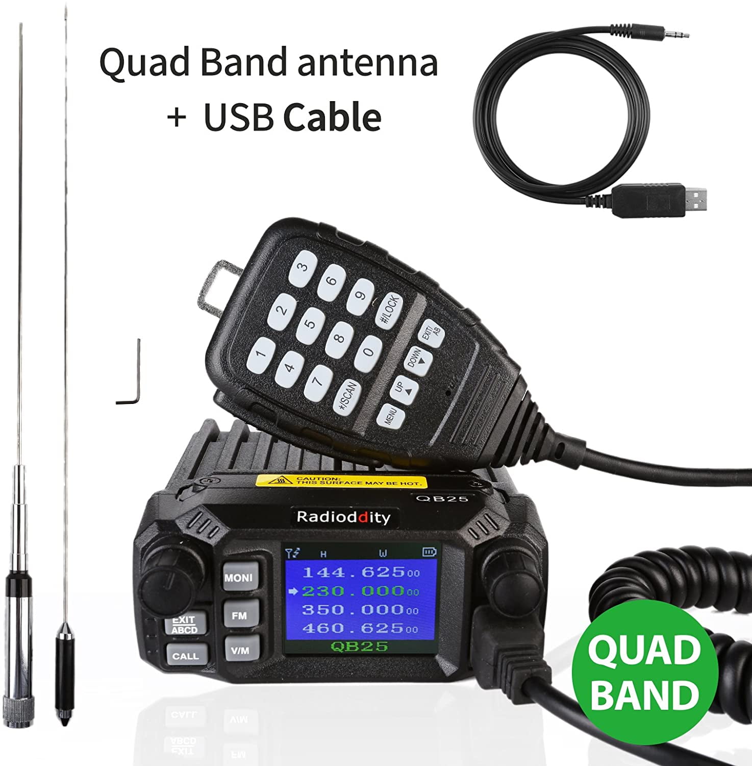 Radioddity QB25 Pro Quad Band Quad-Standby Mobile Ham Amateur Radio Transceiver Car Truck Vehicle Radio, VHF UHF 25W with Cable + 50W High Gain Quad Band Antenna Adult Picture