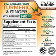 Turmeric Curcumin Supplement - 2000mg Organic Turmeric Per Serving - 95% Curcuminoids, Ginger & BioPerine Black Pepper for Best Absorption - Natural Vegan Joint Support, Bottled in USA - 60 Capsules