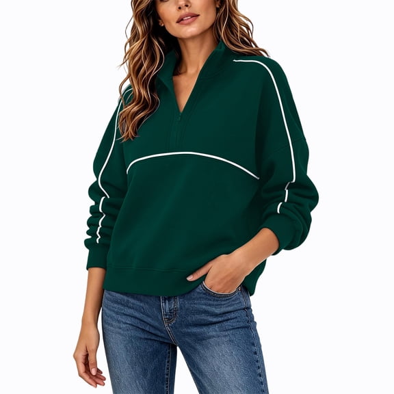 Caywon Classic Women's Half Zip Sweatshirt with Contrast Piping and Stand Collar, Loose Fit Long Sleeve Pullover for Fall Spring and Casual Daily Wear