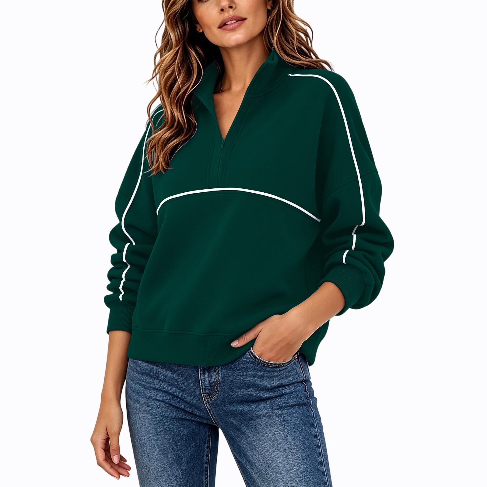 VSSSJ Womens Pullover Sweatshirts Casual V Neck Zip Up Collared Long Sleeve Loose Fit Drop Shoulder Sweatshirt Tops Fall Outfits Green L