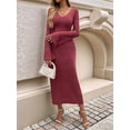 thumbnail image 4 of Womens V Neck Casual Knitted Long Sleeve Maxi Dress Slim Fit Ribbed Out Fall Winter Fashion Clothes Wine Red L, 4 of 9