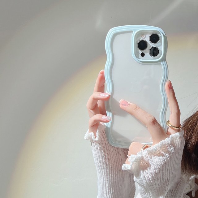 Cute Transparent Curly Wave Case For iPhone 16 Pro Max Funda For iPhone 15 11 12 13 14 Pro Max 16 Plus Candy Bumper Phone Cover Light Blue For iPhone 14 Plus