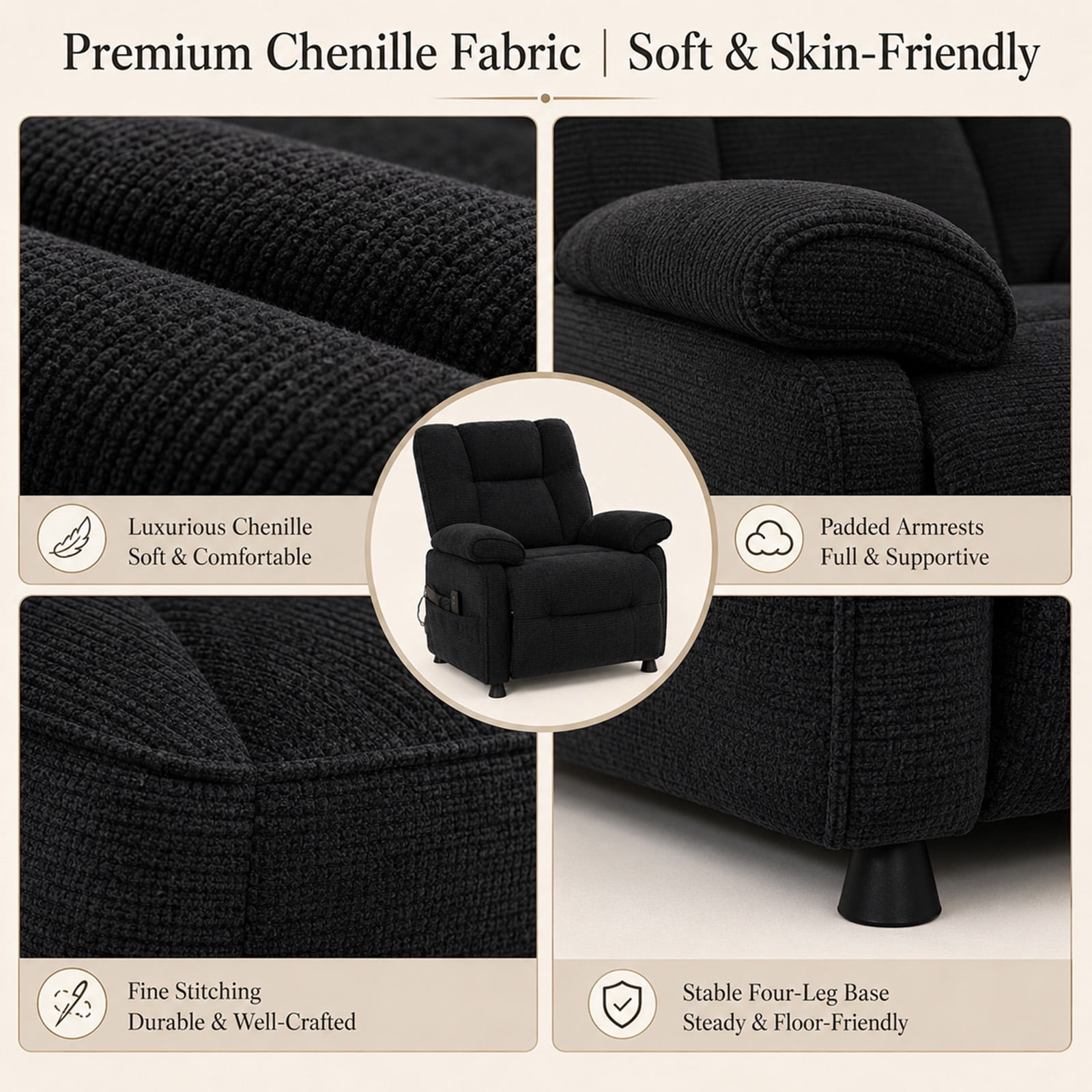 Leumius Recliner Chair, Ergonomic Tufted Cushion Single Recliner with Chenille Fabric, Side Storage Pocket, Anti-Slip Wooden Legs, 300lbs Capacity for Living Room Bedroom Gaming Lounge,Dark Gray
