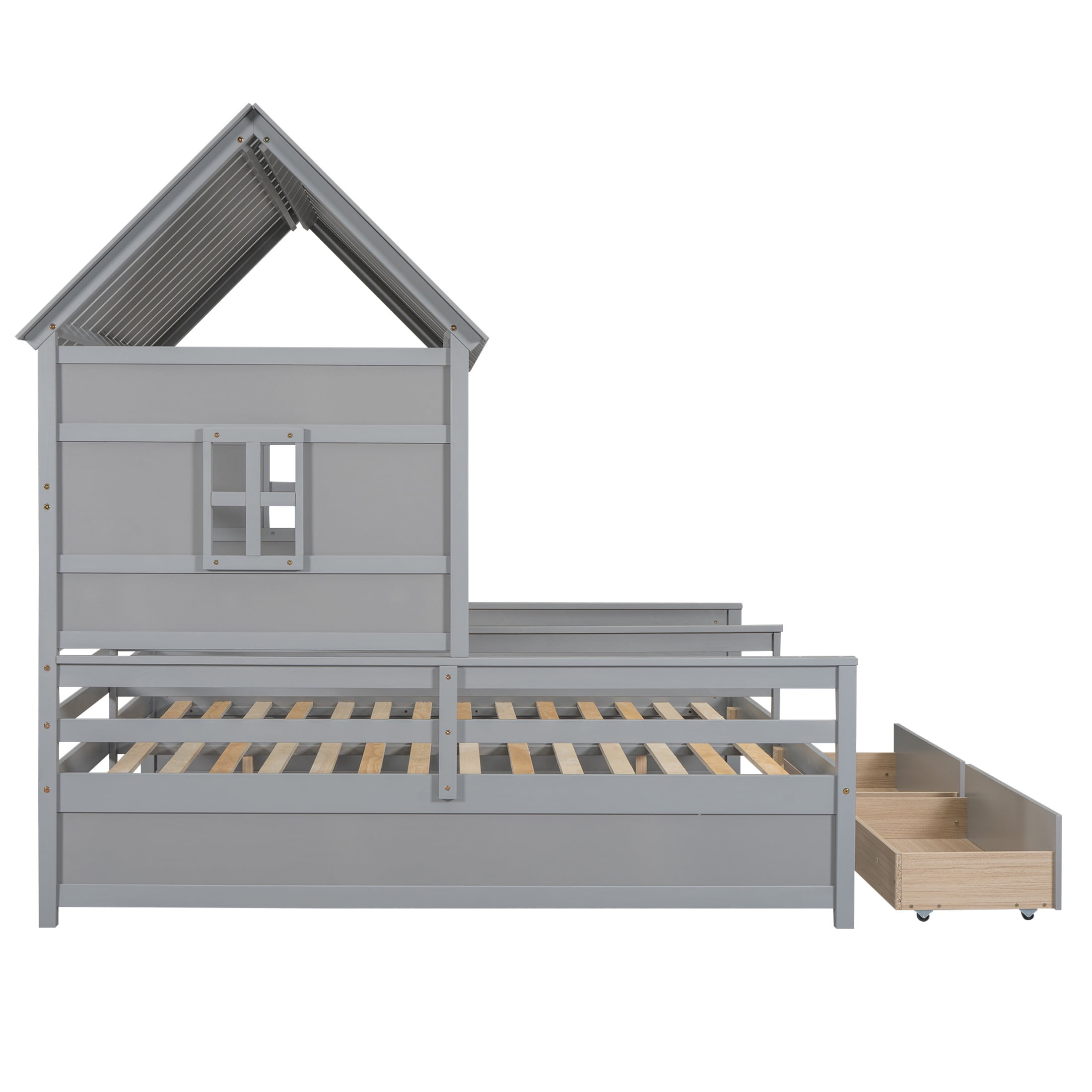 Noble House Junton Dual Twin Size House Platform Bed for Shared Rooms, 2 Side-by-Side Beds with Drawers, Gray