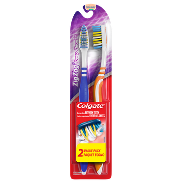 Colgate ZigZag Deep Clean Manual Toothbrush with Tongue and Cheek Cleaner, Soft, 2 Ct