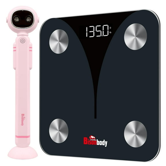 Bisonbody Smart Body Scale & Digital Height Tracker – 20 Body Metrics   App-Connected Growth Monitor for Kids (Pink) – Bluetooth Family Scale, LED Display, Dual Ultrasonic, 8 Users, Room Temp Sensor
