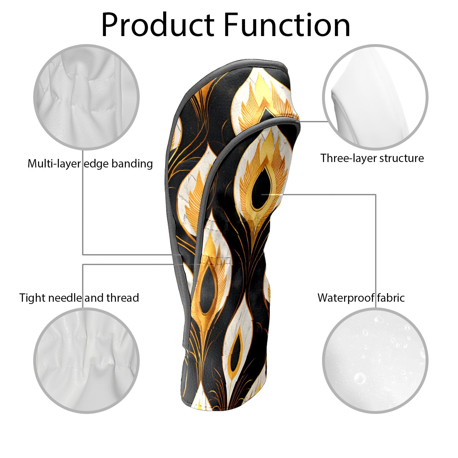 Golf Club Covers, Black Gold Art Pattern Premium PU Leather Driver Hybrid Putter Head Covers with Velvet Lining, Waterproof Golf Gifts for Men Women