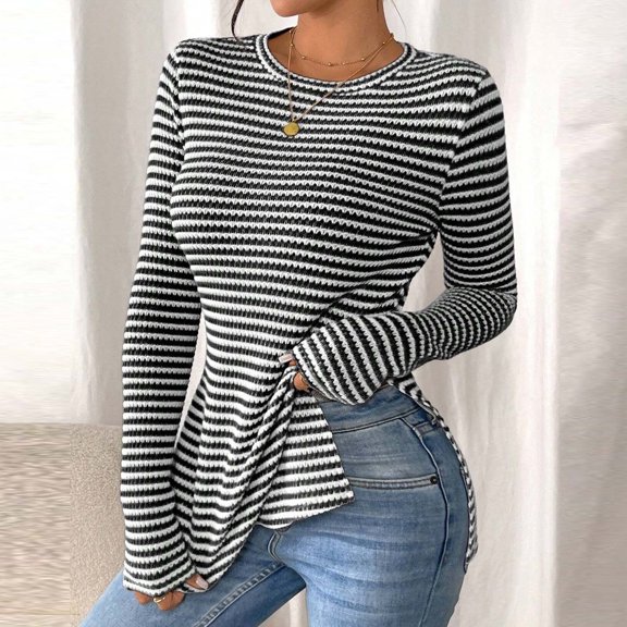 ClodeEU Womens Striped Long Sleeve Shirt ,Round Neck Side Slit Hem Slim Fit Knit Tops Black,Womens Plus XXL