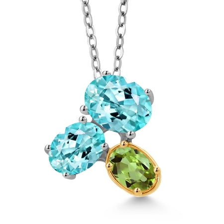 Gem Stone King 925 Silver and 10K Yellow Gold Blue Apatite and Green Peridot Pendant Necklace for Women (2.52 Cttw, Oval 8X6MM, 7X5MM and 6X4MM, Gemstone, with 18 inch Chain)