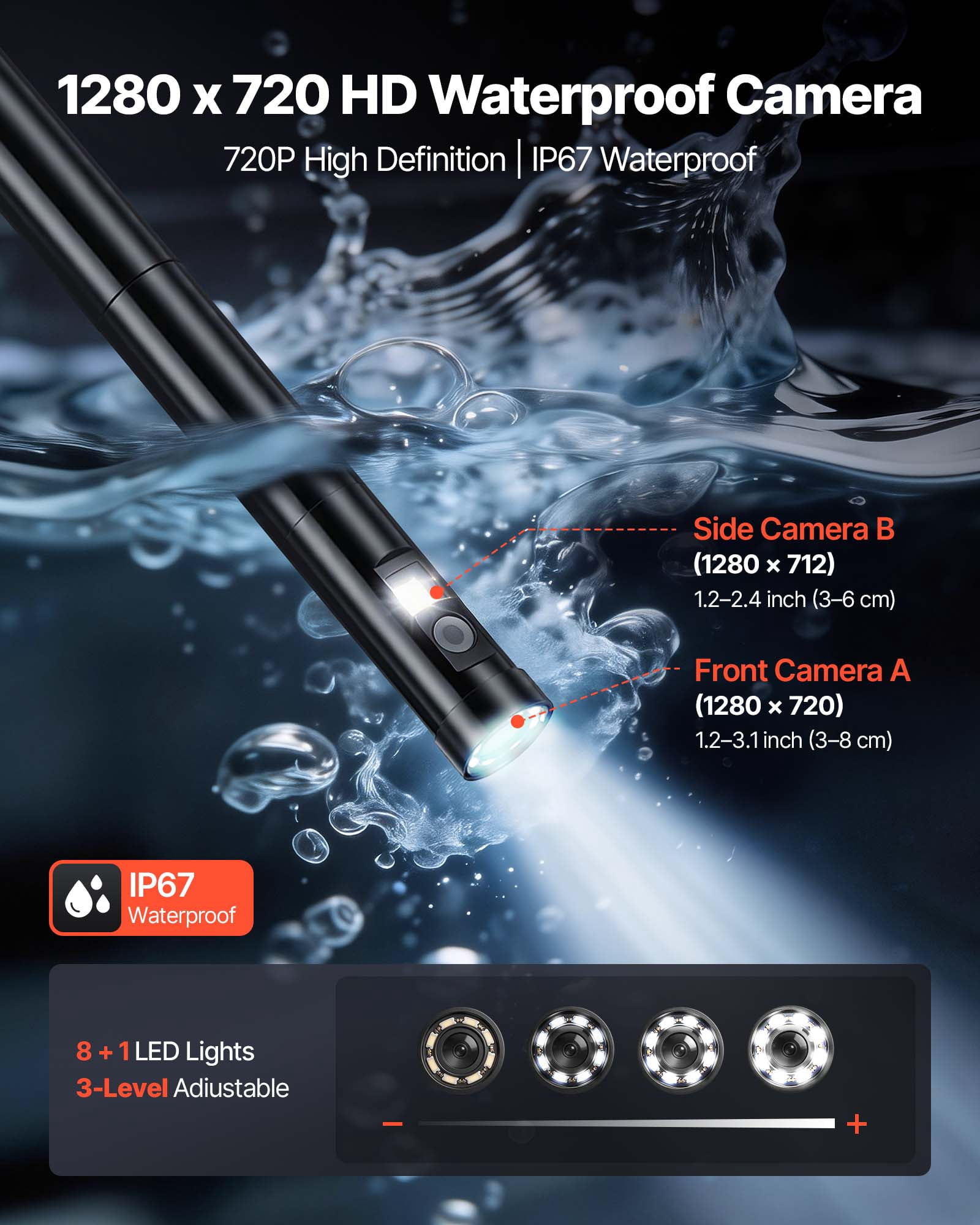 VEVOR Endoscope with Light, 360° View Coverage Industrial Borescope Inspection Camera with Rotating Probe, 1080P HD Rigid Snake Scope Cam for Wall Automotive Engine Inspect-16.4FT