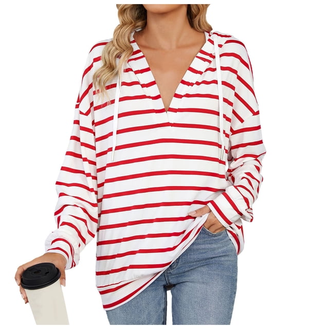 HNMKIU Brown Hoodie And Winter Drawstring Hooded Striped Long Sleeved Sweatshirt Top