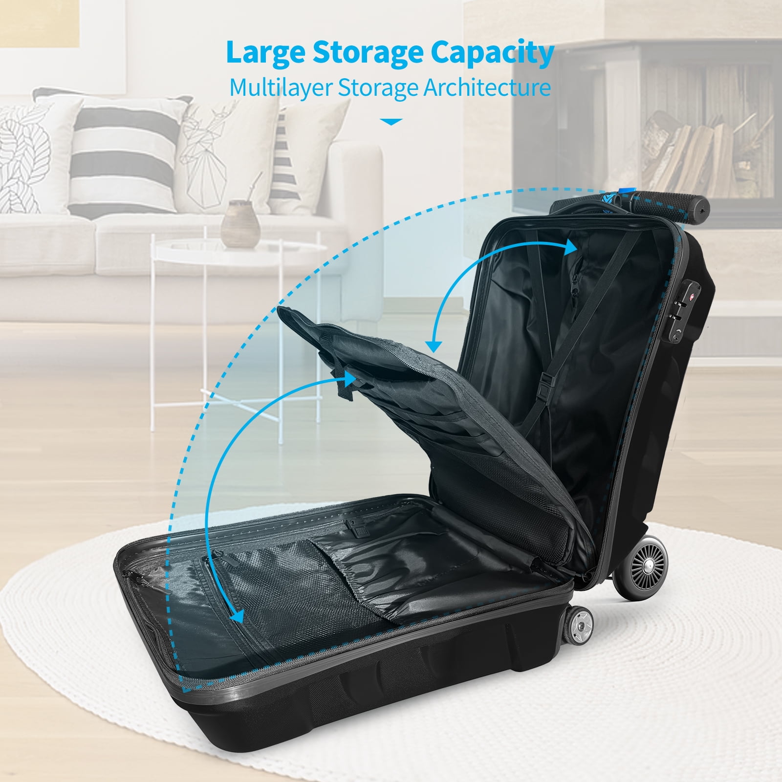 TABU Scooter Luggage for Kids & Adults, Ride on Suitcase with Wheels for Kids Ages 6-15,Black