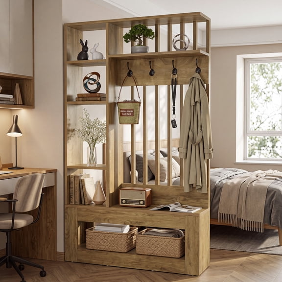 Finmind Wall Room Divider with Shelves and Coat Hooks, 5-in-1 Freestanding Room Divider, Wall Partition for Living & Dining Room, Office, Light Brown