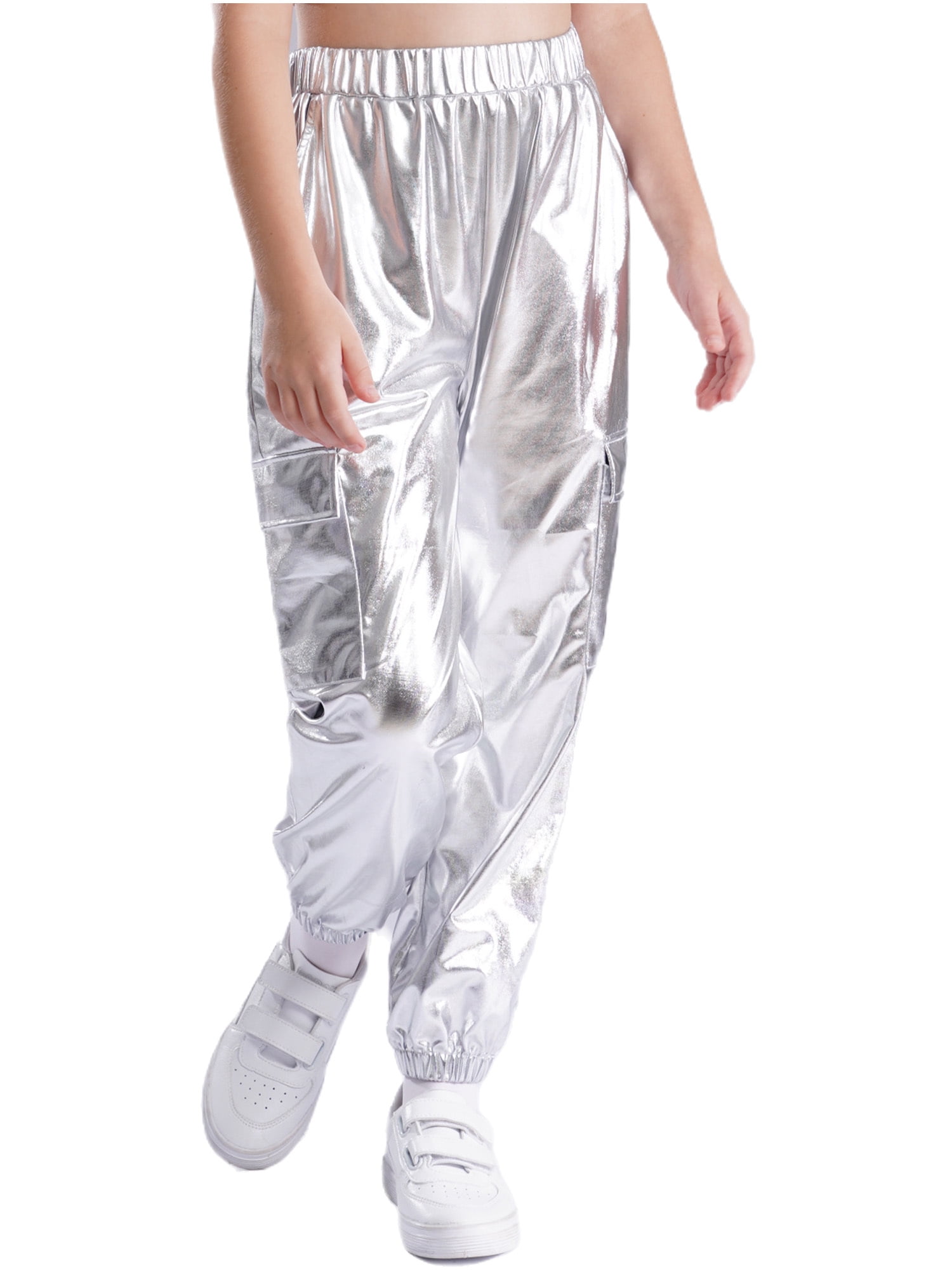 RUNQHUI Girls Boys Metallic Shiny Cargo Pants Kids Multi Pockets Joggers Holographic Hip Hop Jazz Dance Trousers Silver 6