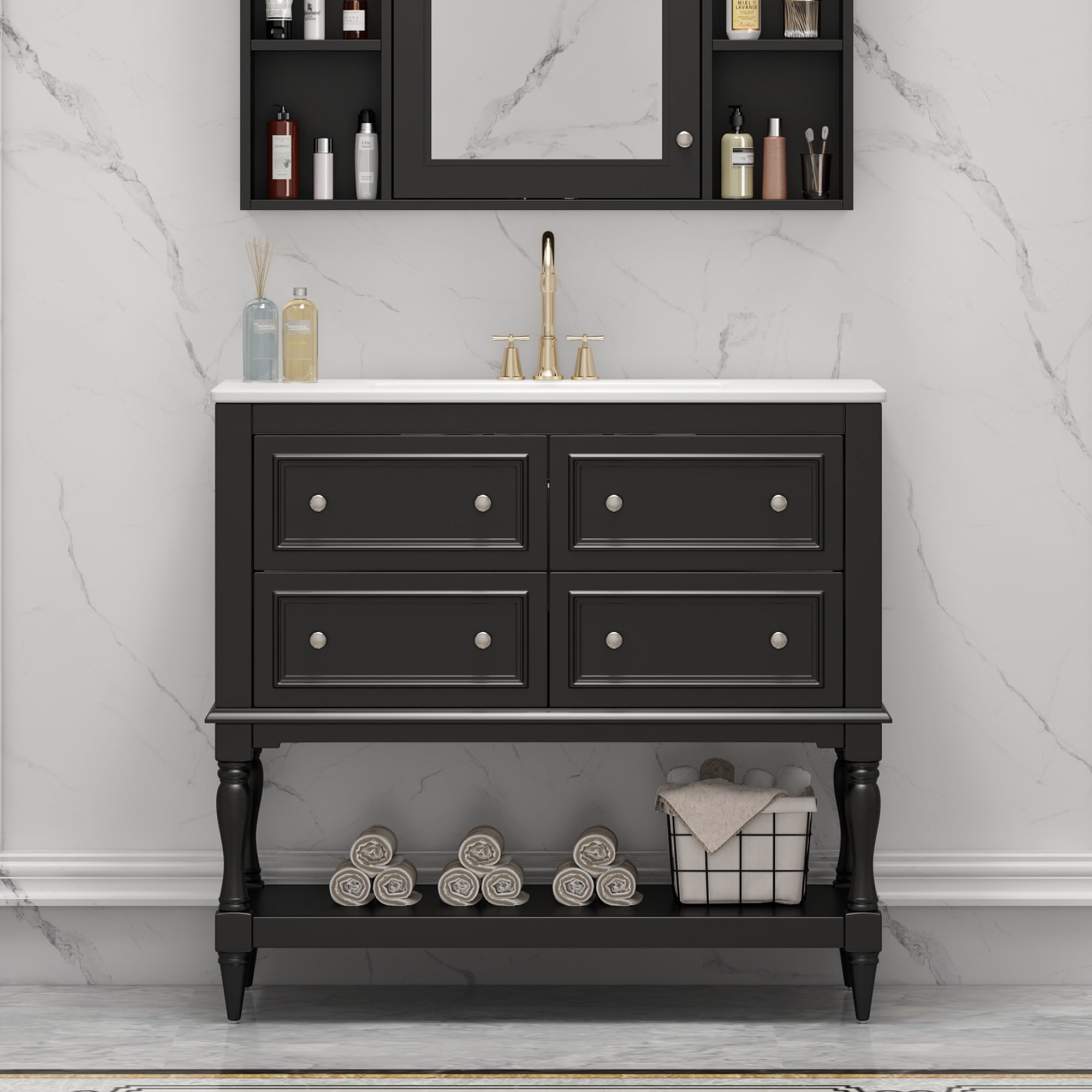 Harper & Bright Designs 36" Bathroom Vanity with Sink, Bathroom Storage Cabinet with Drawers, Single Sink Bathroom Vanity, Black