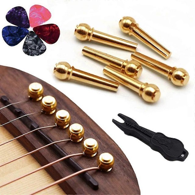 Guitar Bridge Pins 6pcs, Brass Endpin Pegs Fixed Cone, With Bridge Pin Puller Remover 5 Guitar Picks