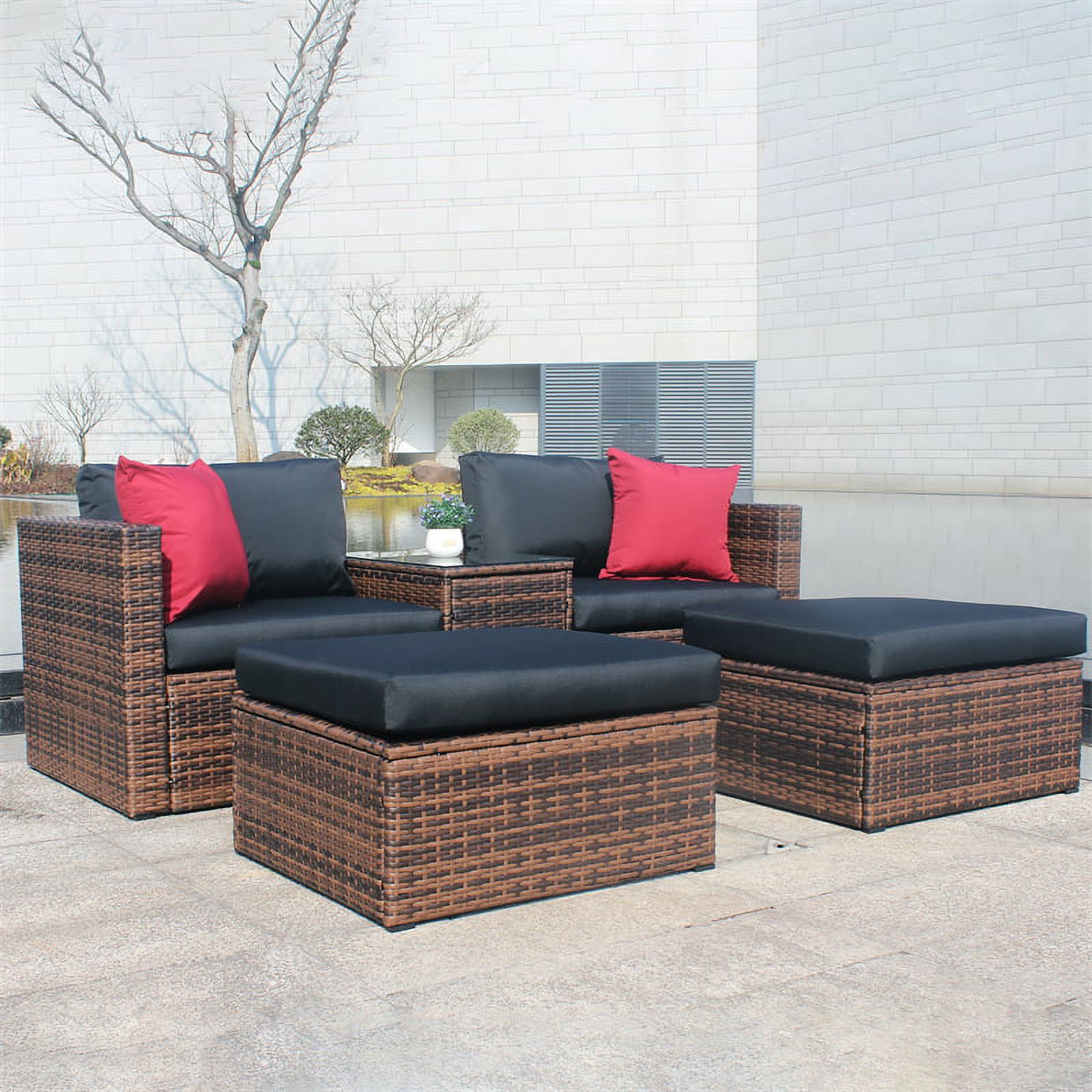 5 Pieces Outdoor Patio Sectional Sofa Set, Rattan and Black Cushion with Weather Protecting Cover, Patio Sofa Sets with 2 Rattan Chairs, 2 Pieces Patio Rattan Ottomans and Coffee Table - image 3 of 7