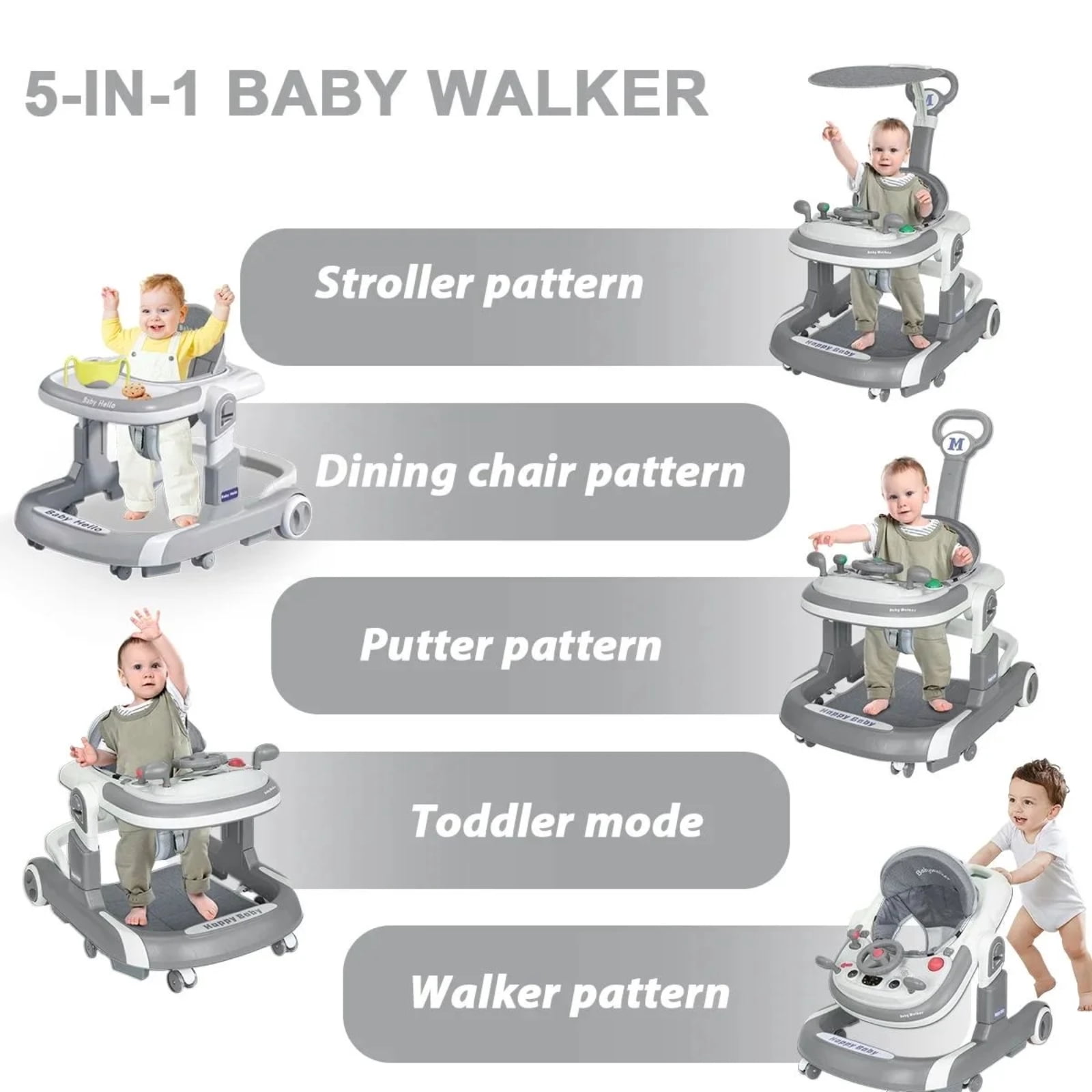 JUANYU Multifunctional Baby Walkers,Height-Adjustable Push Walker for Infants 6-24 Months,Grey