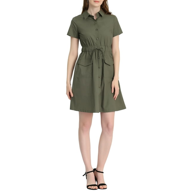 INSPIRE CHIC Robe Courte pour Femme à Col Évasé avec Poches et Taille Élastique S Vert Armée-B