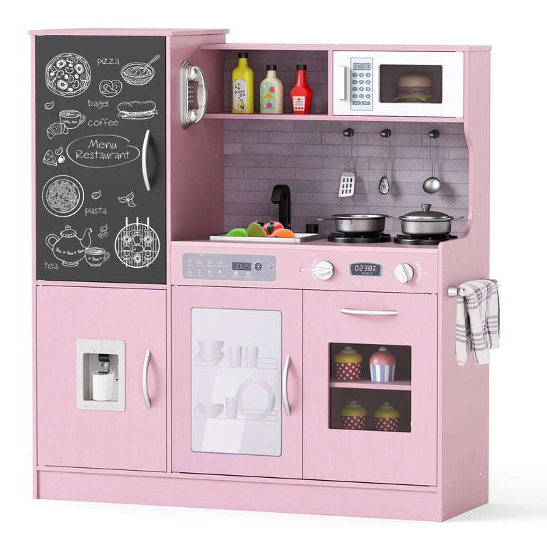 Gymax Play Kitchen Toy Set w/ Chalkboard Oven Sink Curtain